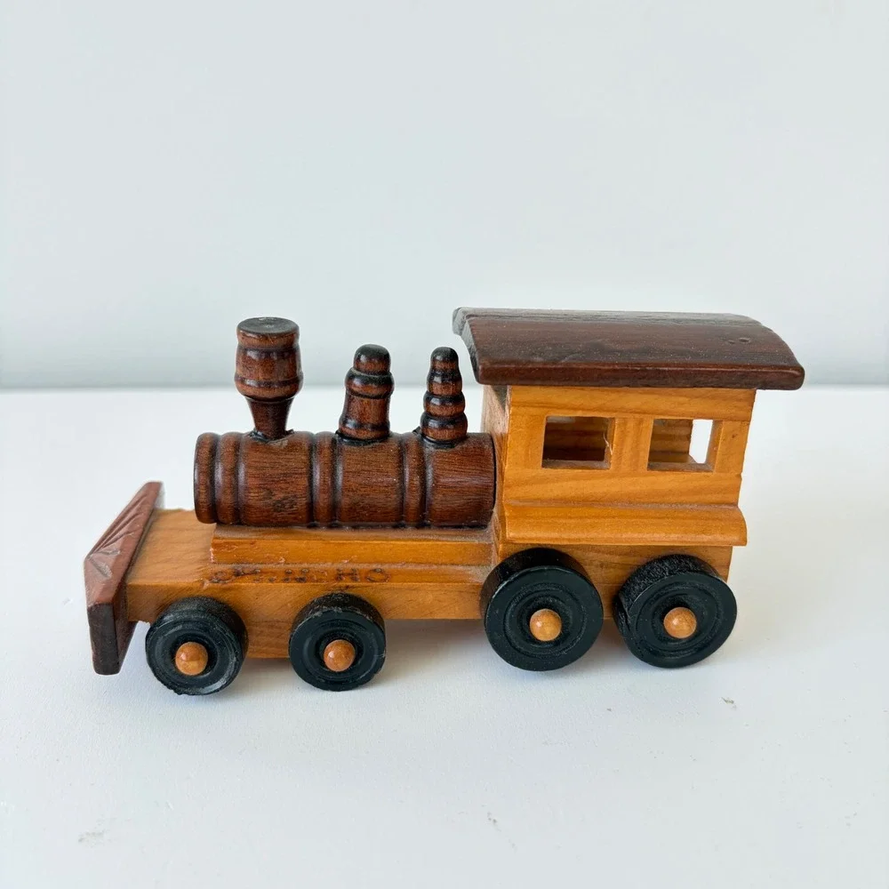 Pancho Hand Carved Wooden Locomotive Train Engine Toy Natural Two Tone Decor